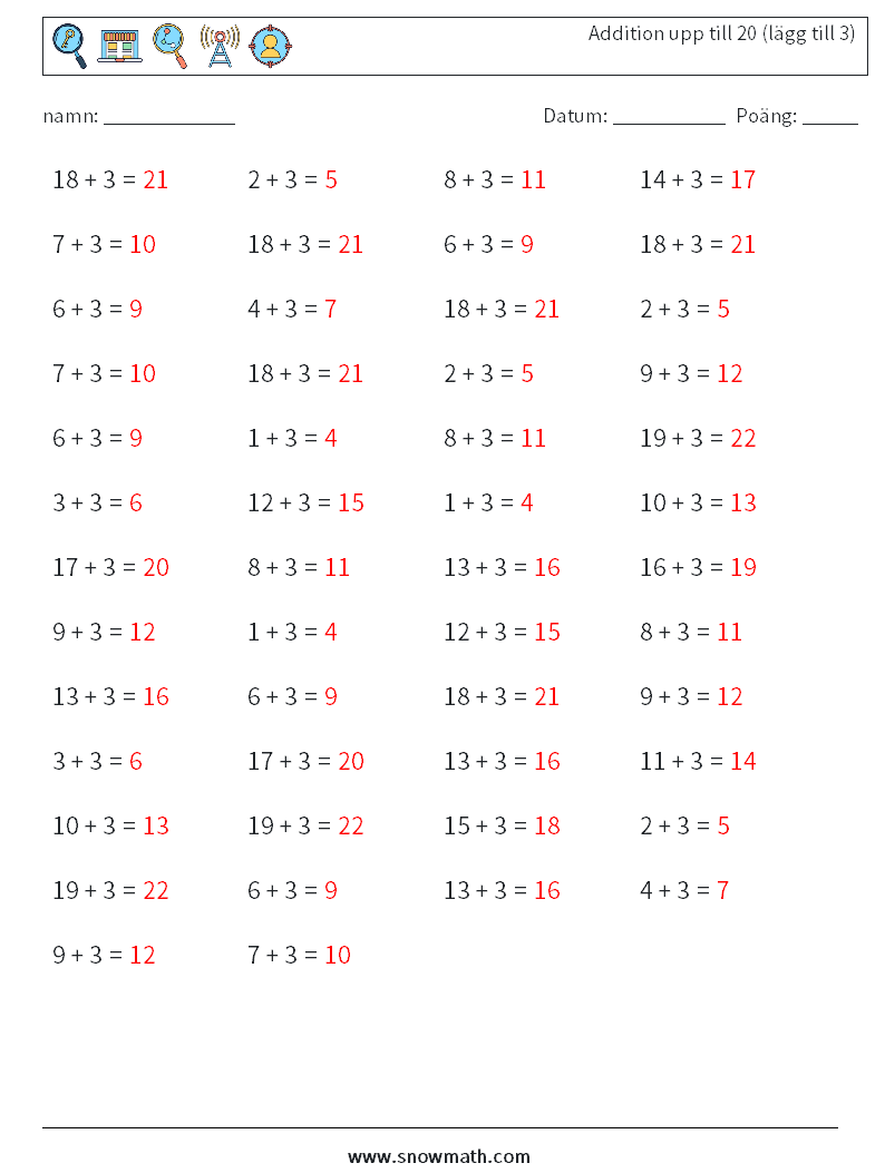 (50) Addition upp till 20 (lägg till 3) Matematiska arbetsblad 9 Fråga, svar