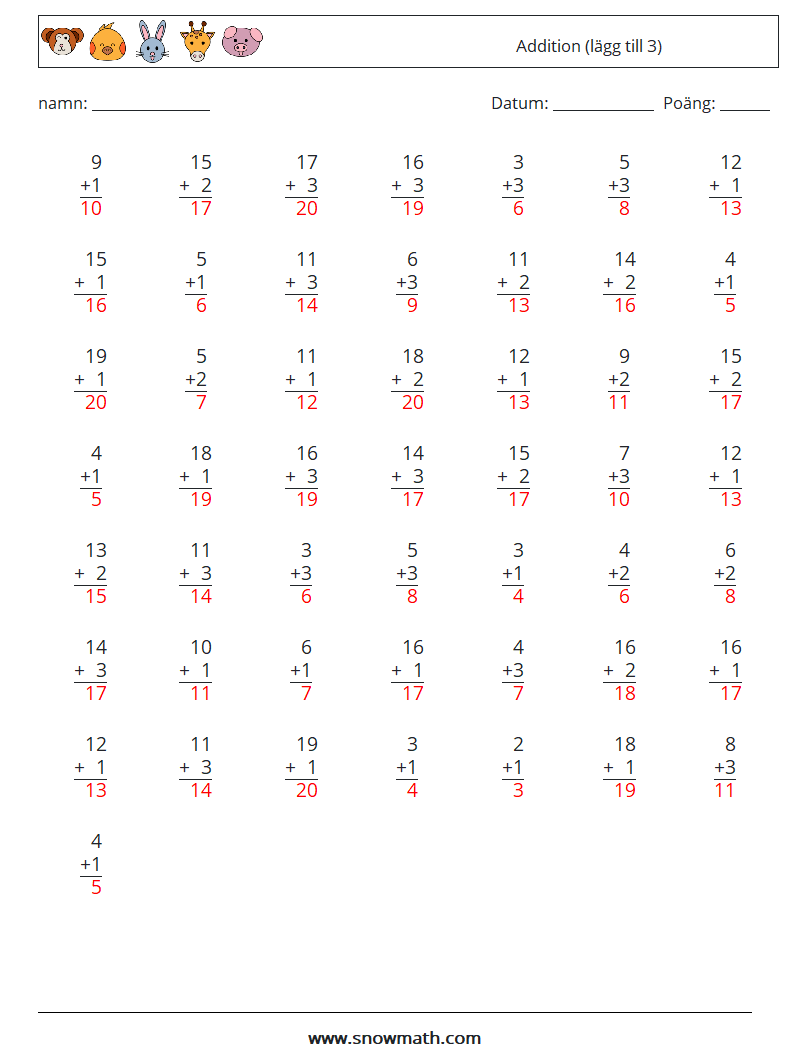 (50) Addition (lägg till 3) Matematiska arbetsblad 7 Fråga, svar