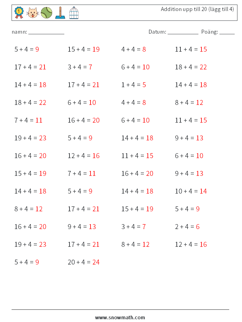(50) Addition upp till 20 (lägg till 4) Matematiska arbetsblad 1 Fråga, svar