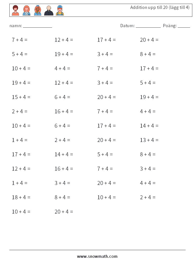 (50) Addition upp till 20 (lägg till 4) Matematiska arbetsblad 2