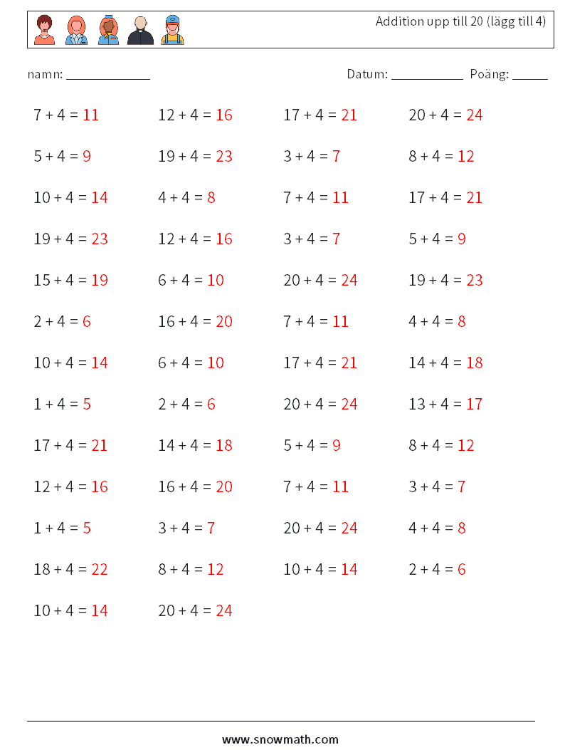 (50) Addition upp till 20 (lägg till 4) Matematiska arbetsblad 2 Fråga, svar