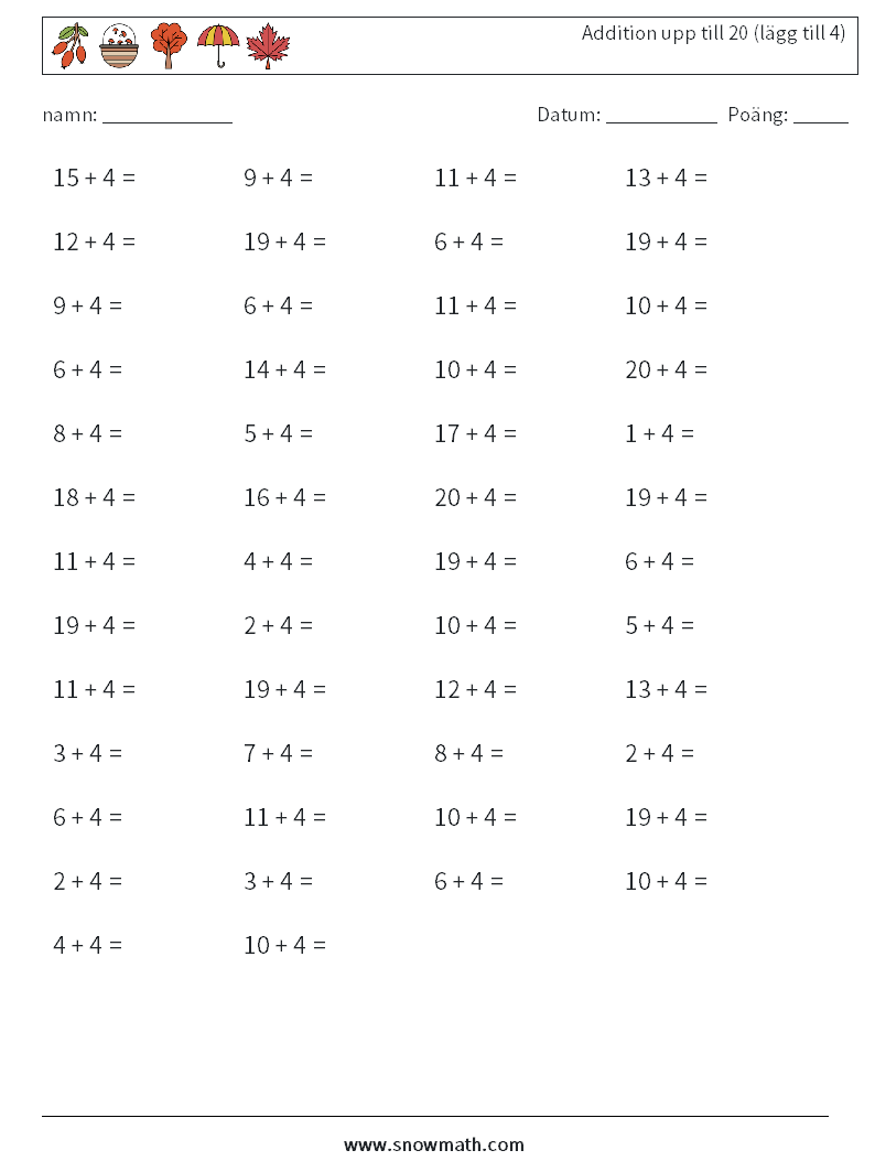 (50) Addition upp till 20 (lägg till 4) Matematiska arbetsblad 5