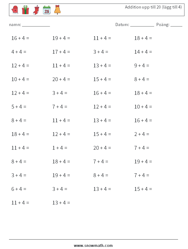 (50) Addition upp till 20 (lägg till 4) Matematiska arbetsblad 6