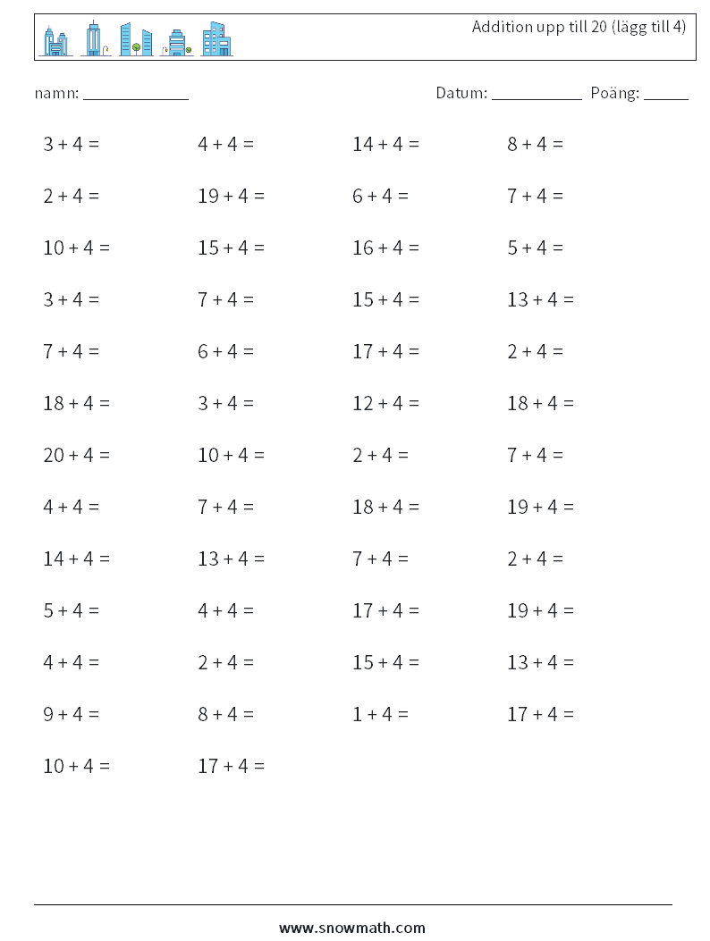 (50) Addition upp till 20 (lägg till 4) Matematiska arbetsblad 7