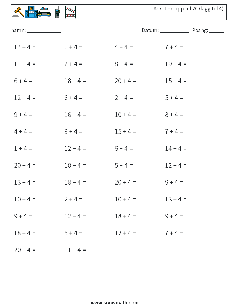 (50) Addition upp till 20 (lägg till 4) Matematiska arbetsblad 8