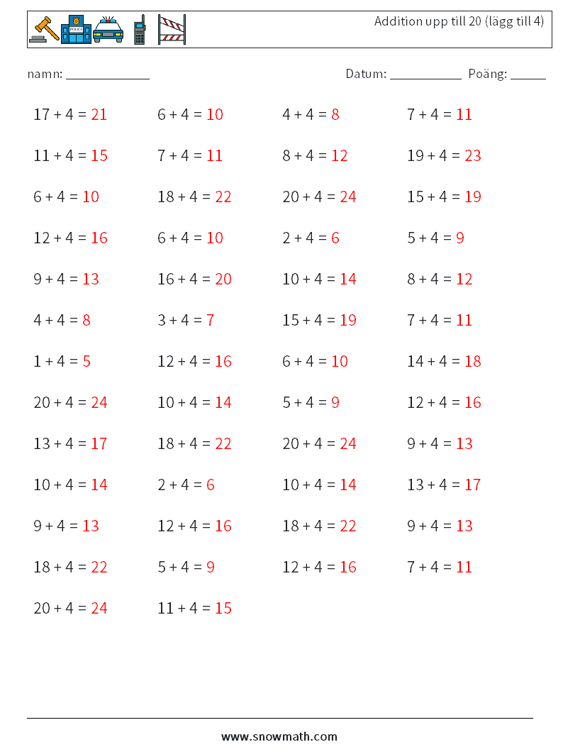 (50) Addition upp till 20 (lägg till 4) Matematiska arbetsblad 8 Fråga, svar