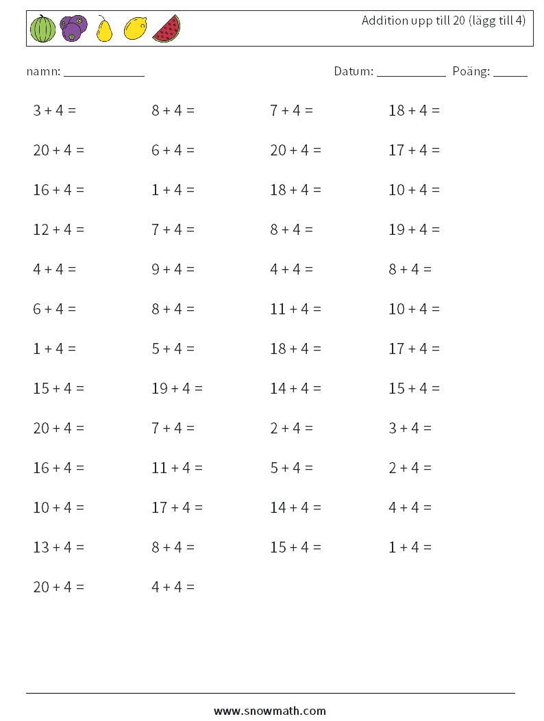 (50) Addition upp till 20 (lägg till 4) Matematiska arbetsblad 9