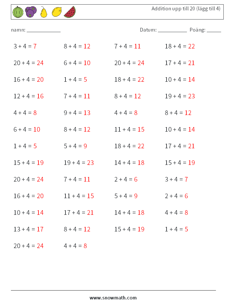 (50) Addition upp till 20 (lägg till 4) Matematiska arbetsblad 9 Fråga, svar