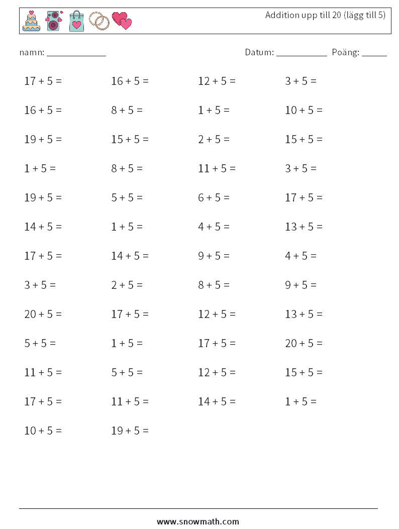 (50) Addition upp till 20 (lägg till 5) Matematiska arbetsblad 1