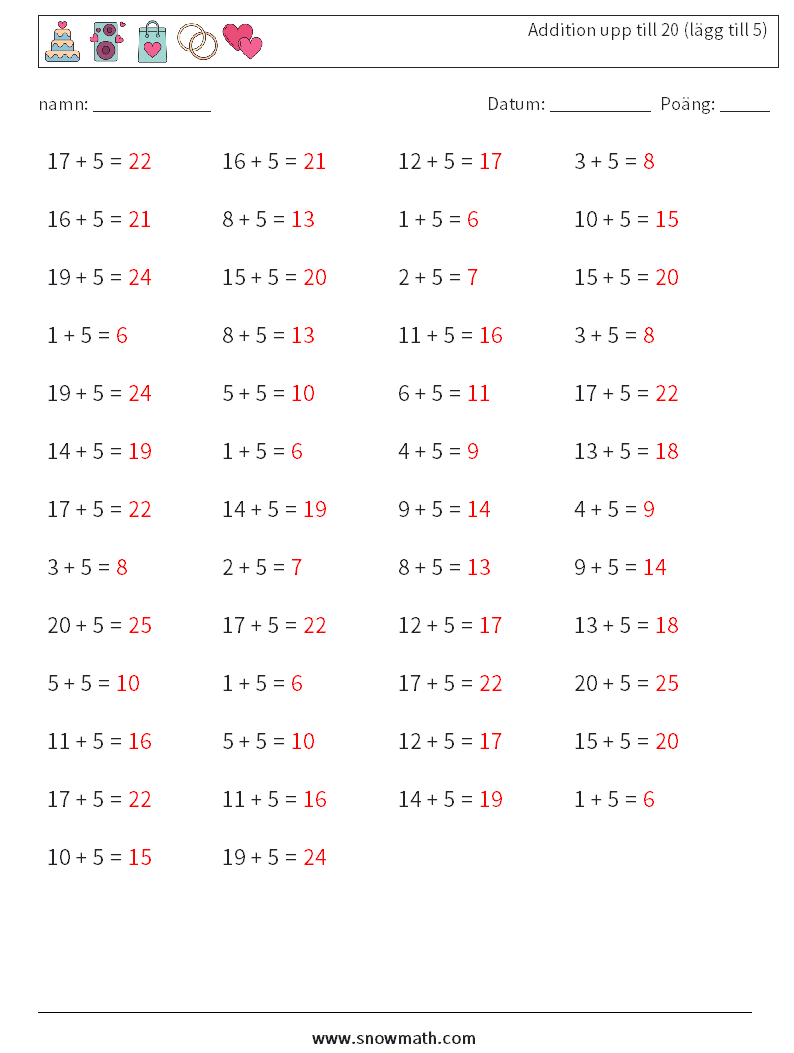 (50) Addition upp till 20 (lägg till 5) Matematiska arbetsblad 1 Fråga, svar