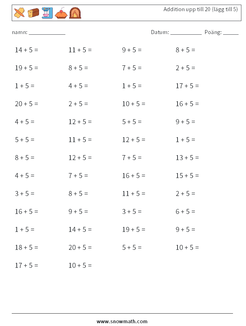 (50) Addition upp till 20 (lägg till 5) Matematiska arbetsblad 2