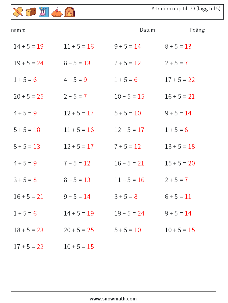 (50) Addition upp till 20 (lägg till 5) Matematiska arbetsblad 2 Fråga, svar