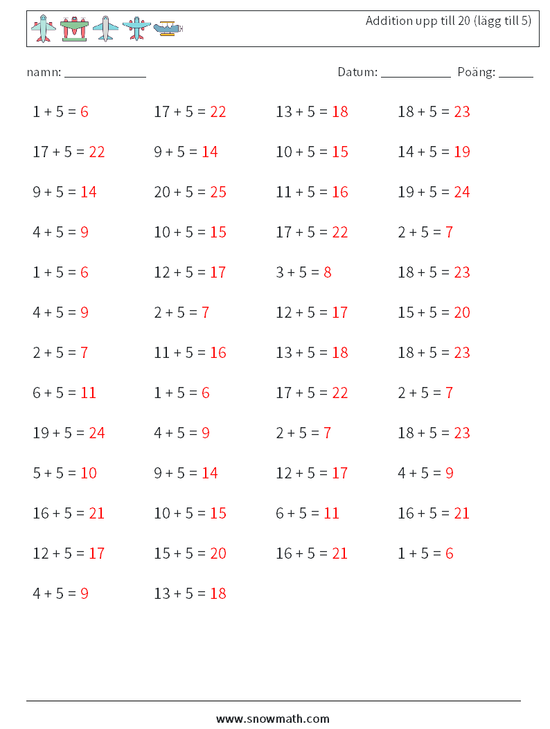 (50) Addition upp till 20 (lägg till 5) Matematiska arbetsblad 3 Fråga, svar