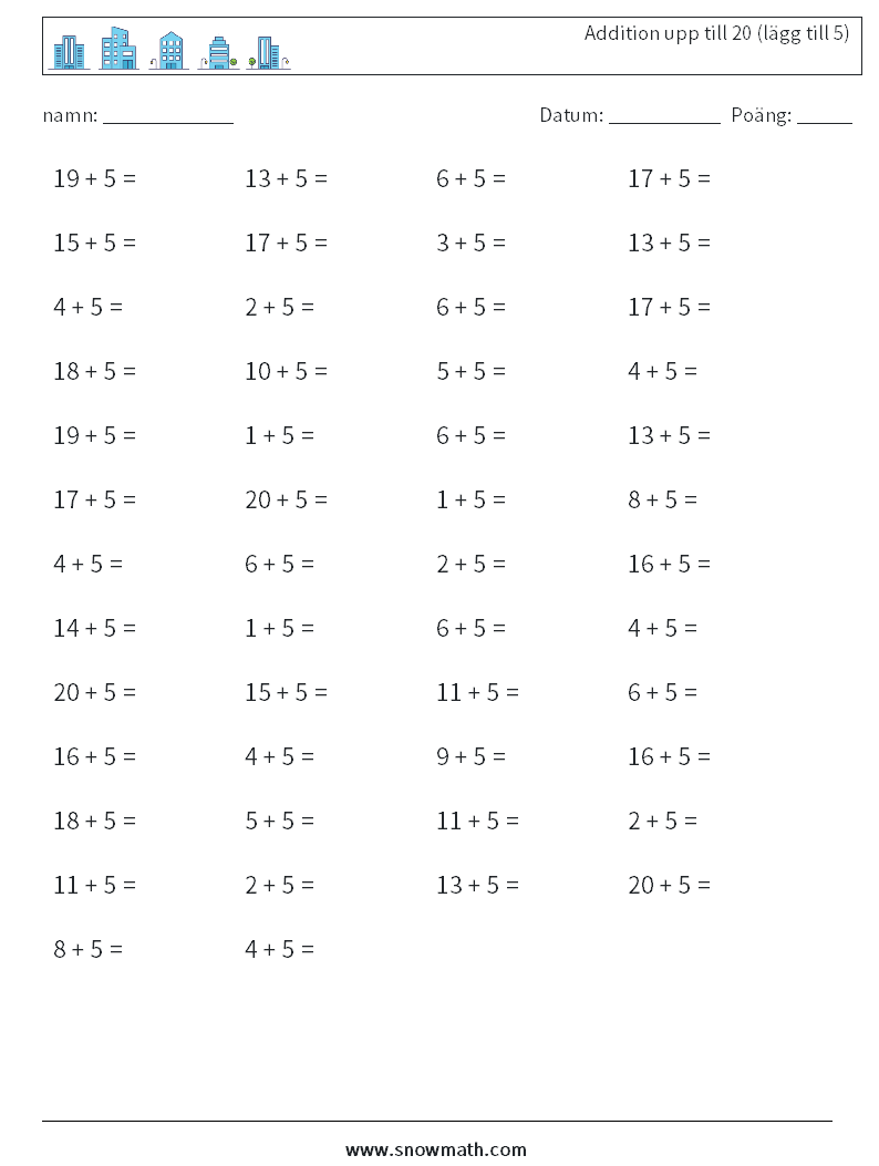 (50) Addition upp till 20 (lägg till 5) Matematiska arbetsblad 4