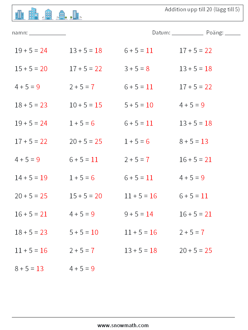 (50) Addition upp till 20 (lägg till 5) Matematiska arbetsblad 4 Fråga, svar