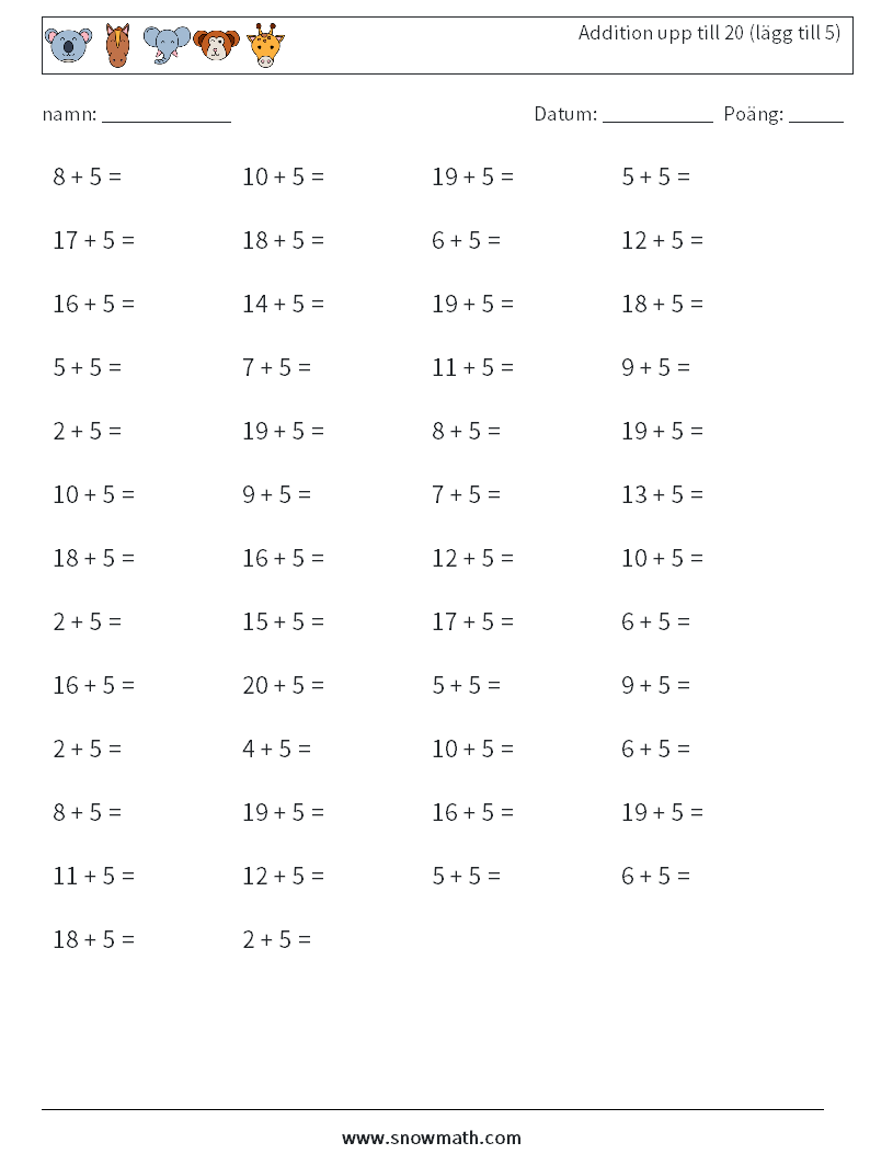 (50) Addition upp till 20 (lägg till 5) Matematiska arbetsblad 5