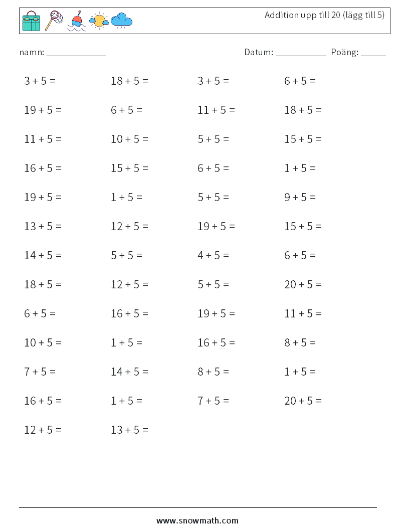 (50) Addition upp till 20 (lägg till 5) Matematiska arbetsblad 6