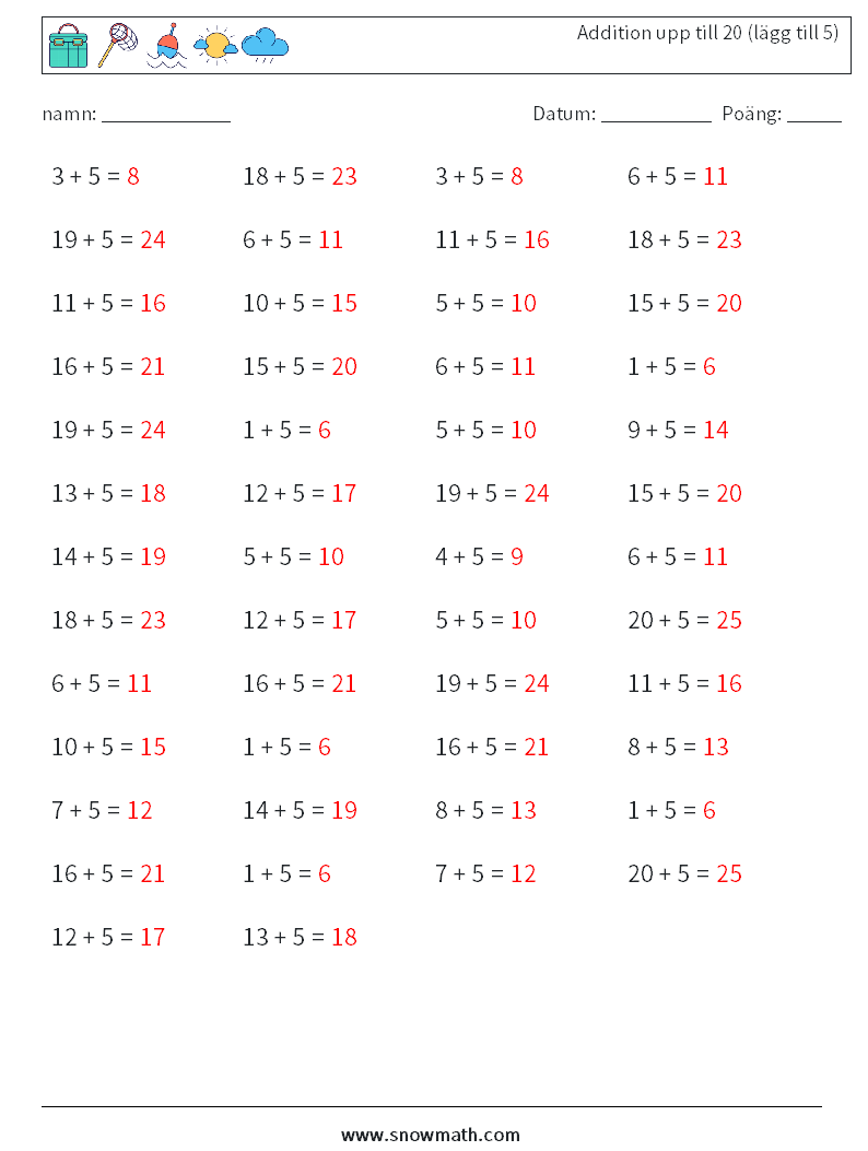(50) Addition upp till 20 (lägg till 5) Matematiska arbetsblad 6 Fråga, svar