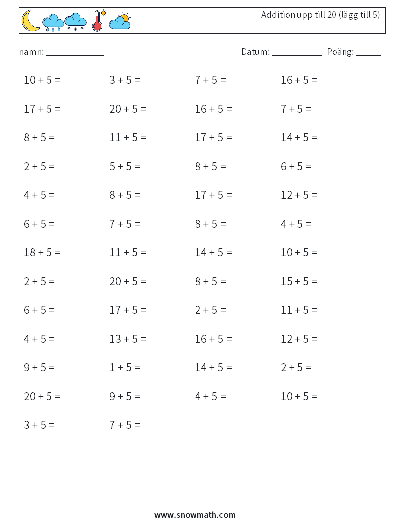 (50) Addition upp till 20 (lägg till 5) Matematiska arbetsblad 7