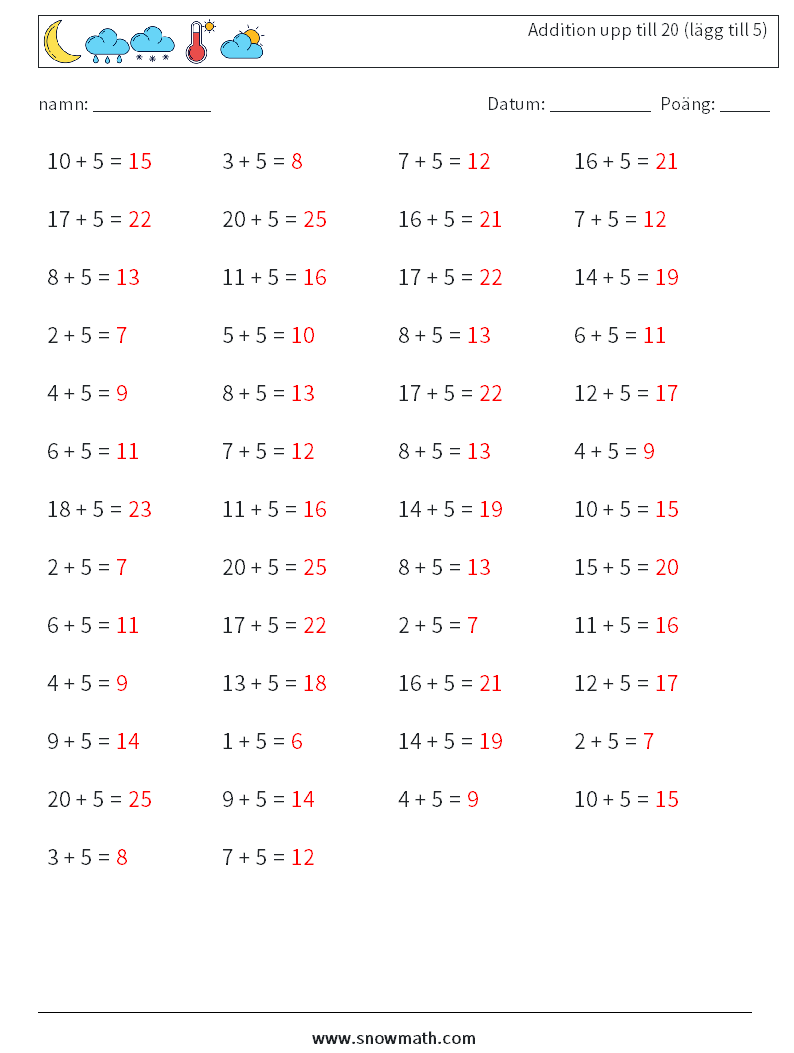 (50) Addition upp till 20 (lägg till 5) Matematiska arbetsblad 7 Fråga, svar