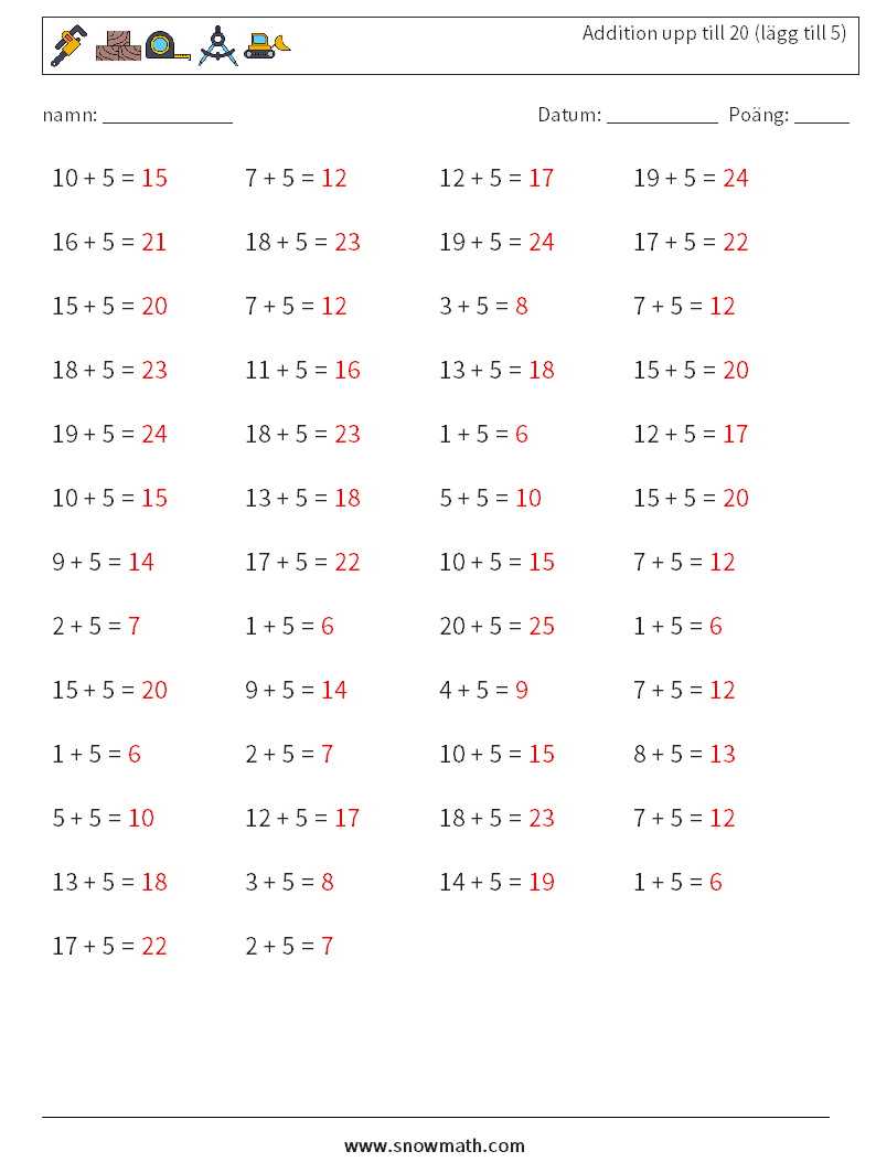 (50) Addition upp till 20 (lägg till 5) Matematiska arbetsblad 8 Fråga, svar