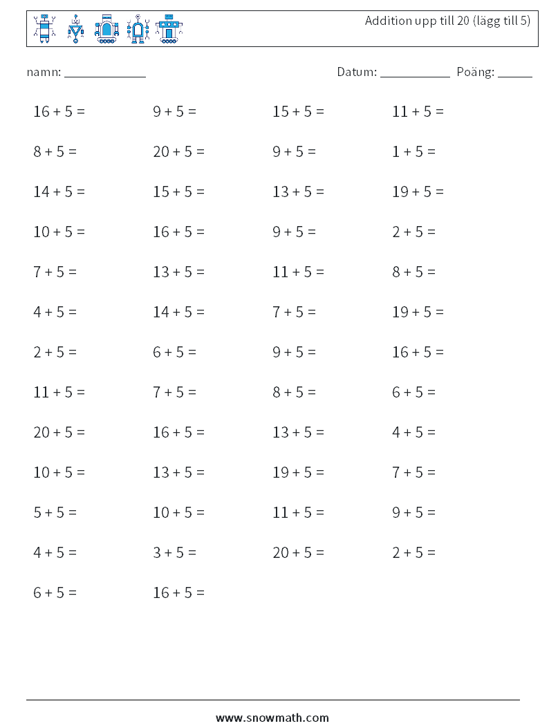 (50) Addition upp till 20 (lägg till 5) Matematiska arbetsblad 9