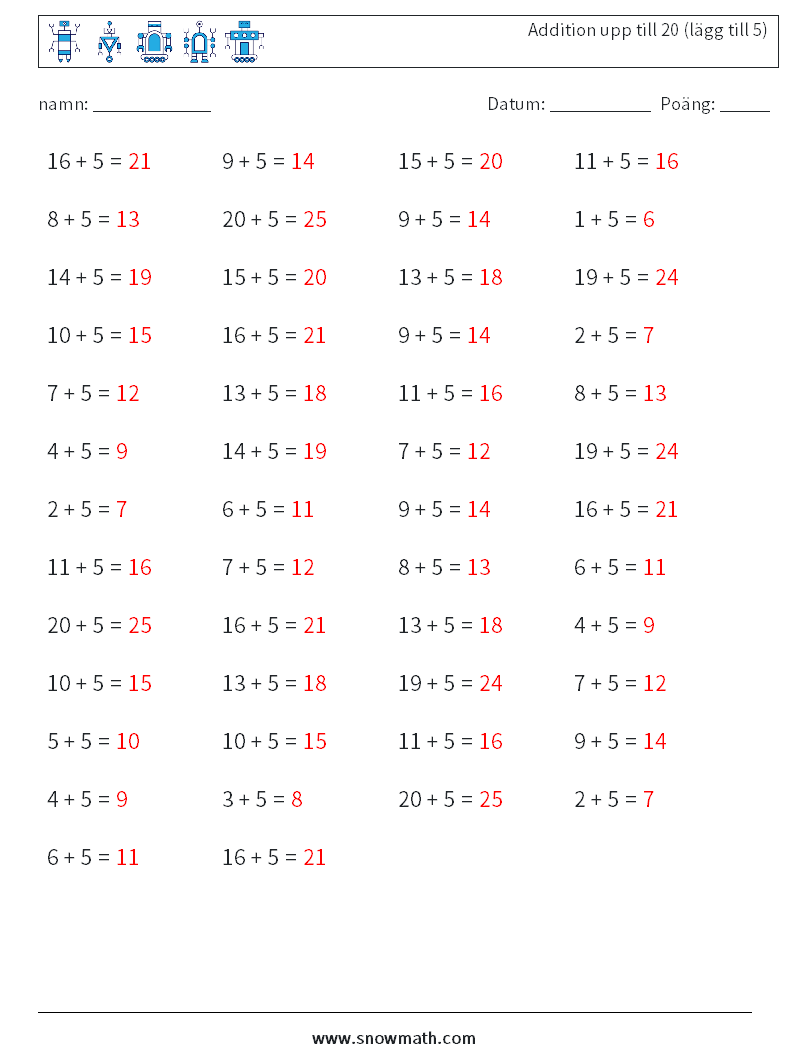 (50) Addition upp till 20 (lägg till 5) Matematiska arbetsblad 9 Fråga, svar