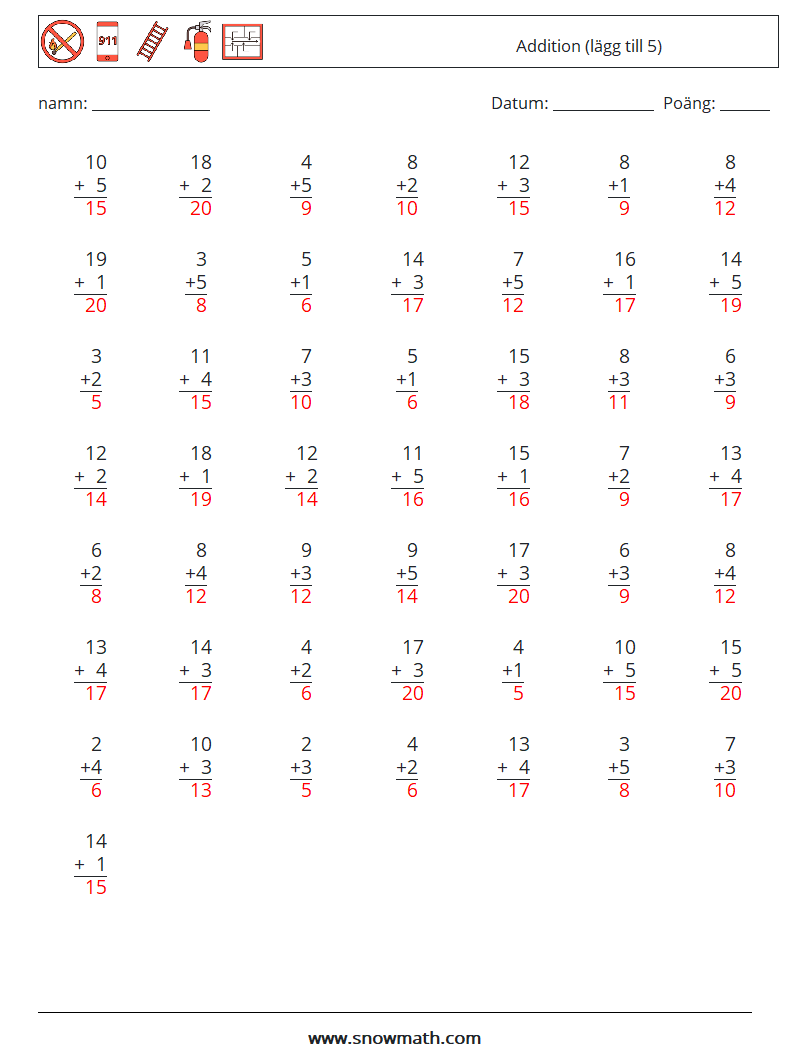 (50) Addition (lägg till 5) Matematiska arbetsblad 13 Fråga, svar