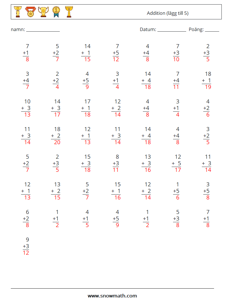 (50) Addition (lägg till 5) Matematiska arbetsblad 15 Fråga, svar