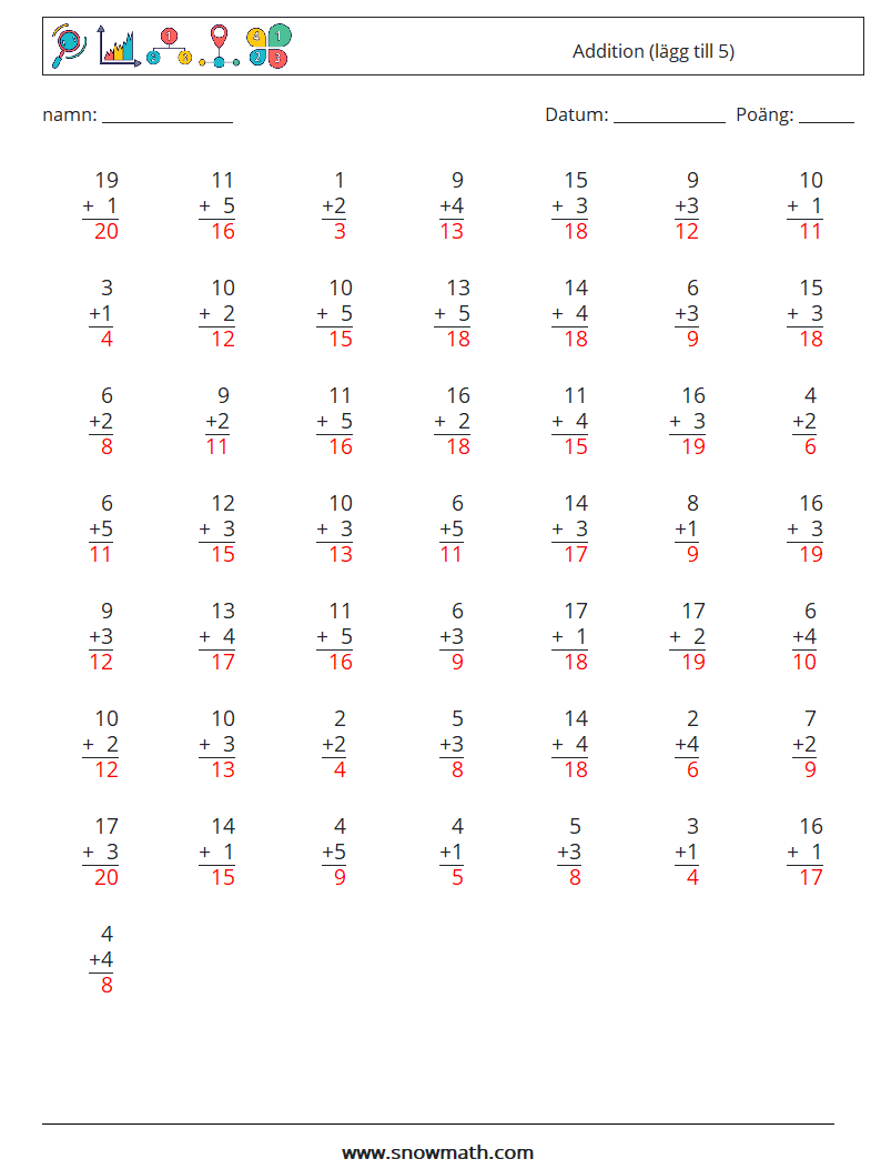 (50) Addition (lägg till 5) Matematiska arbetsblad 2 Fråga, svar