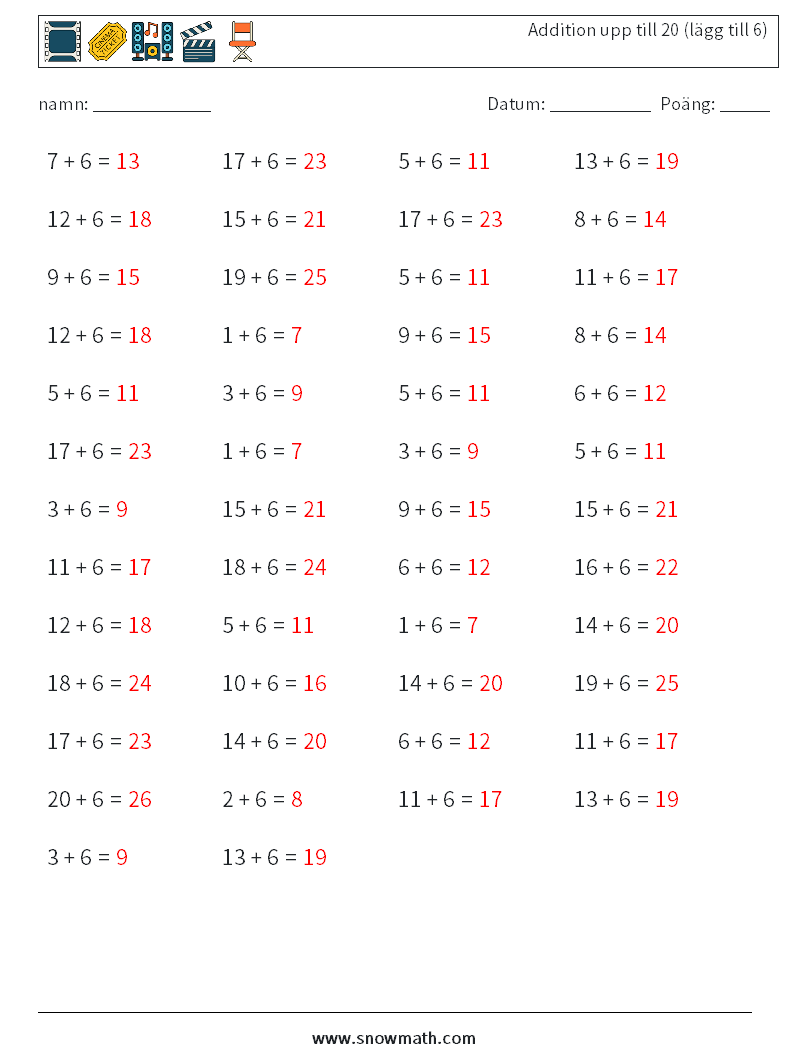 (50) Addition upp till 20 (lägg till 6) Matematiska arbetsblad 1 Fråga, svar