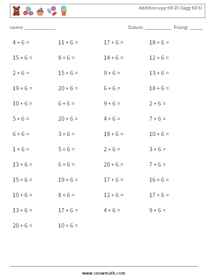 (50) Addition upp till 20 (lägg till 6) Matematiska arbetsblad 2