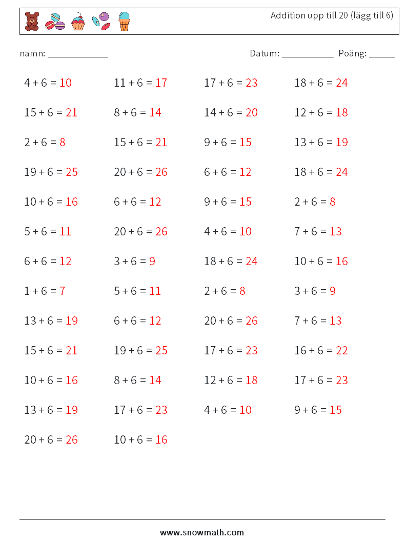 (50) Addition upp till 20 (lägg till 6) Matematiska arbetsblad 2 Fråga, svar