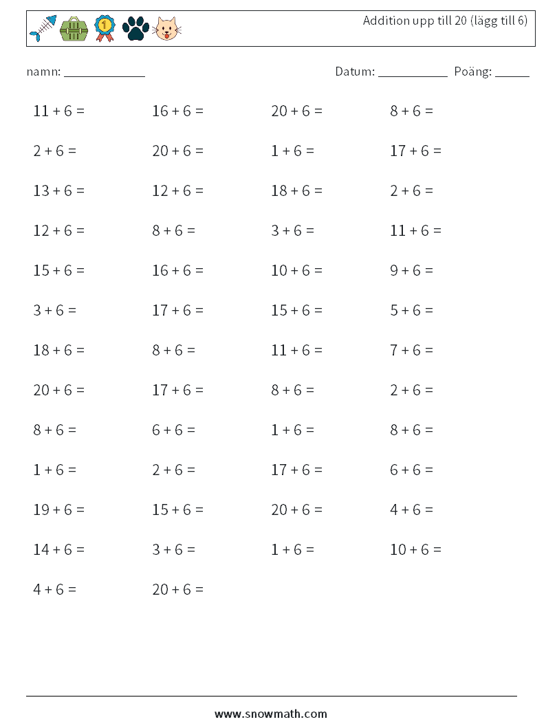 (50) Addition upp till 20 (lägg till 6) Matematiska arbetsblad 3