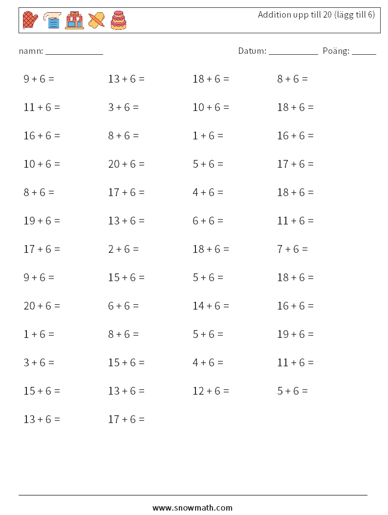 (50) Addition upp till 20 (lägg till 6) Matematiska arbetsblad 4