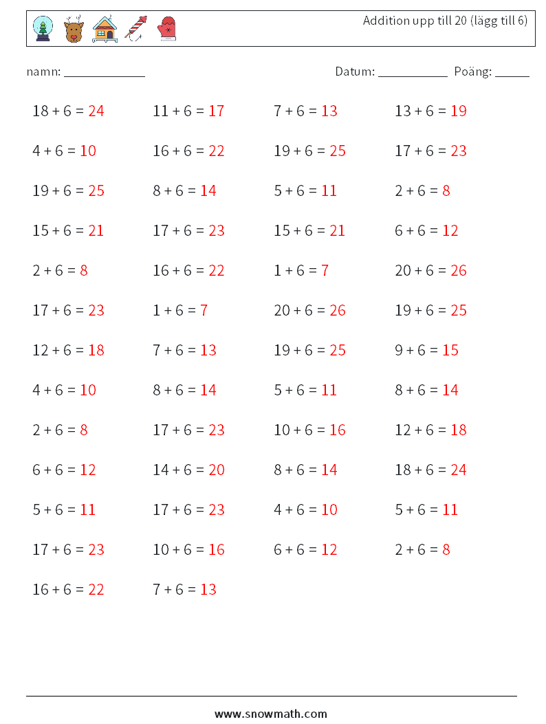 (50) Addition upp till 20 (lägg till 6) Matematiska arbetsblad 5 Fråga, svar