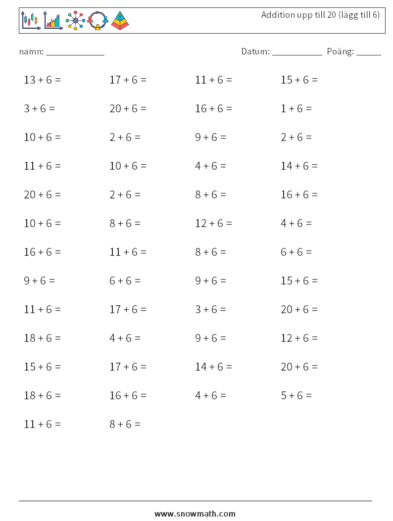 (50) Addition upp till 20 (lägg till 6) Matematiska arbetsblad 6