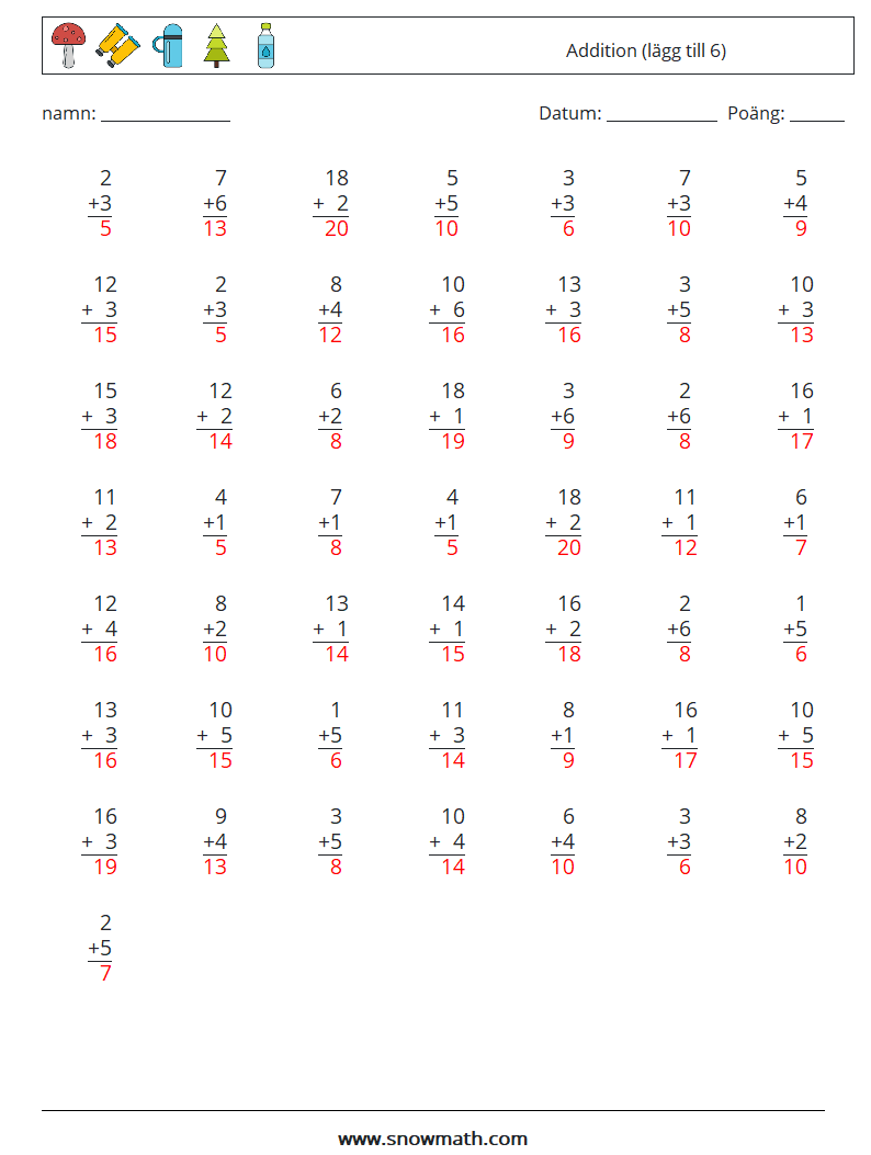 (50) Addition (lägg till 6) Matematiska arbetsblad 5 Fråga, svar