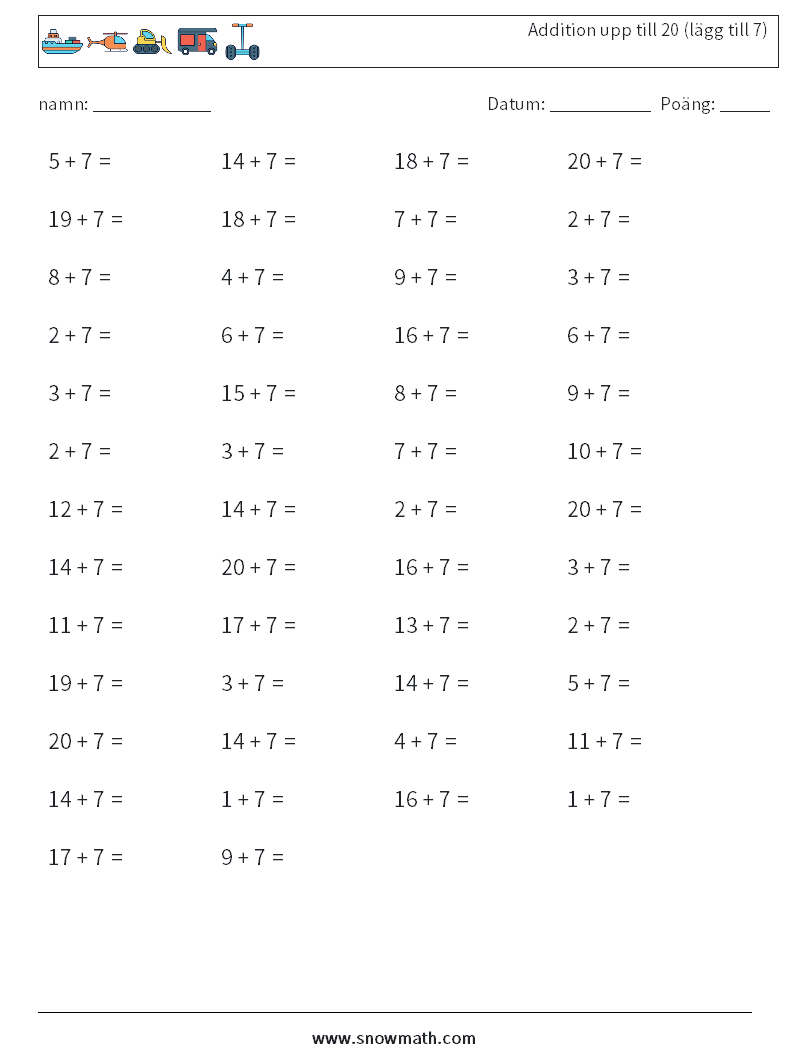 (50) Addition upp till 20 (lägg till 7)