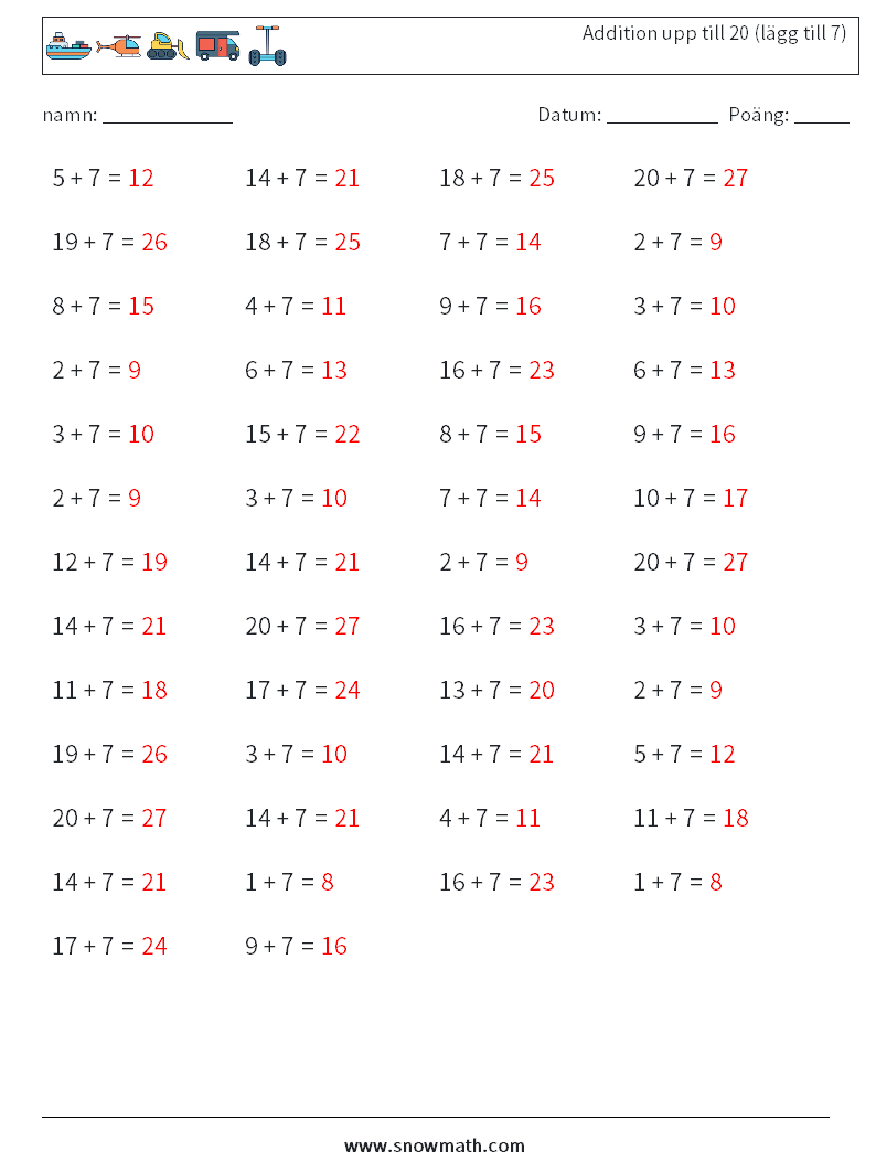 (50) Addition upp till 20 (lägg till 7) Matematiska arbetsblad 1 Fråga, svar