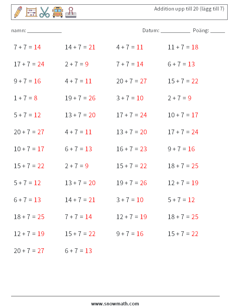 (50) Addition upp till 20 (lägg till 7) Matematiska arbetsblad 2 Fråga, svar
