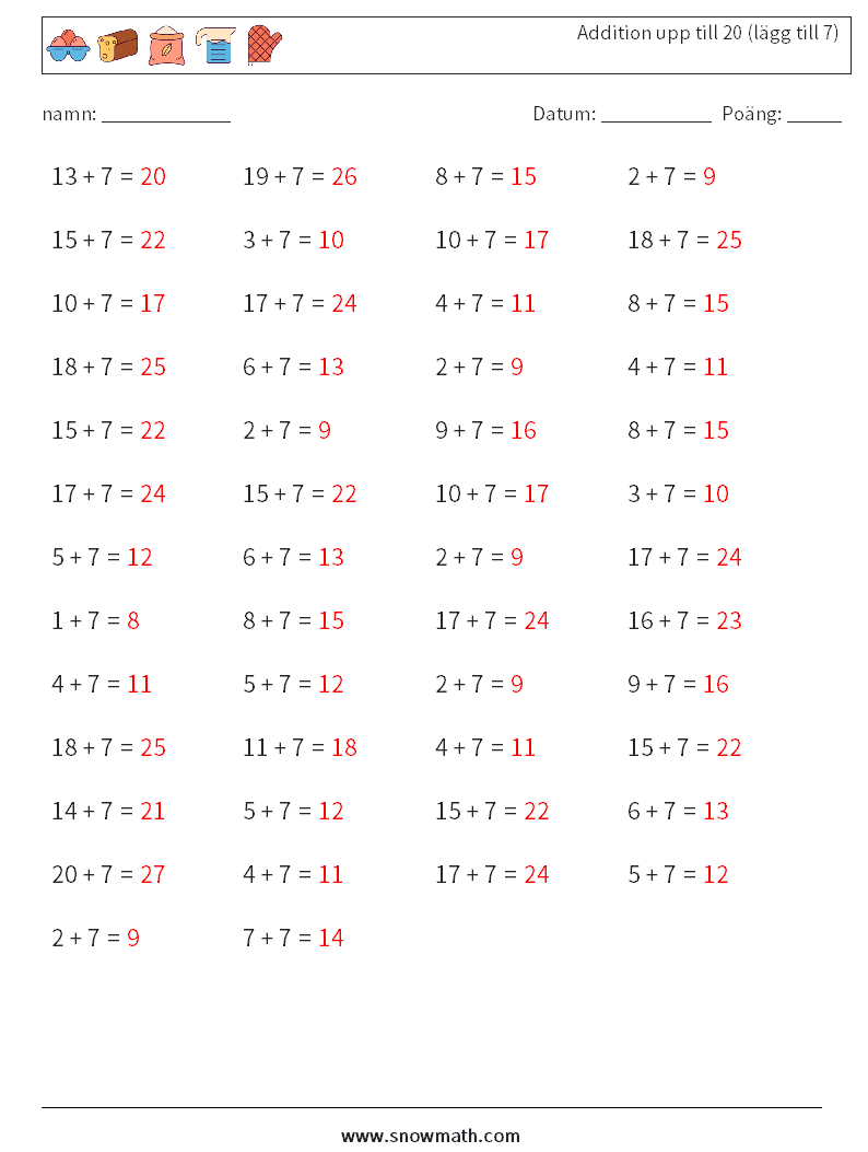 (50) Addition upp till 20 (lägg till 7) Matematiska arbetsblad 3 Fråga, svar
