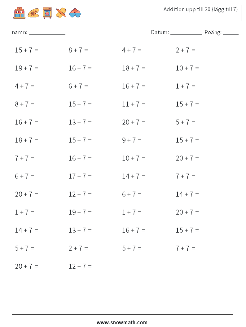 (50) Addition upp till 20 (lägg till 7) Matematiska arbetsblad 5