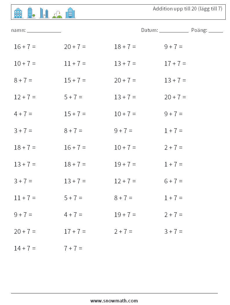 (50) Addition upp till 20 (lägg till 7) Matematiska arbetsblad 6