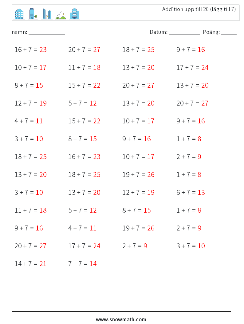 (50) Addition upp till 20 (lägg till 7) Matematiska arbetsblad 6 Fråga, svar