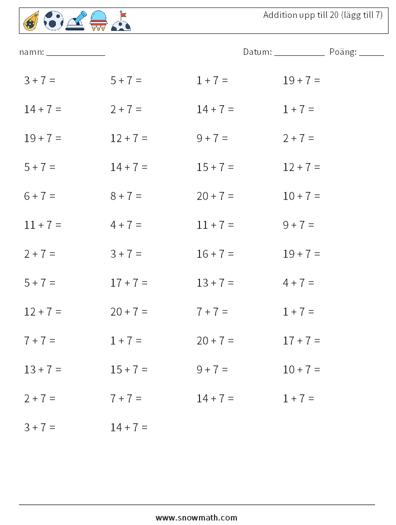 (50) Addition upp till 20 (lägg till 7) Matematiska arbetsblad 7