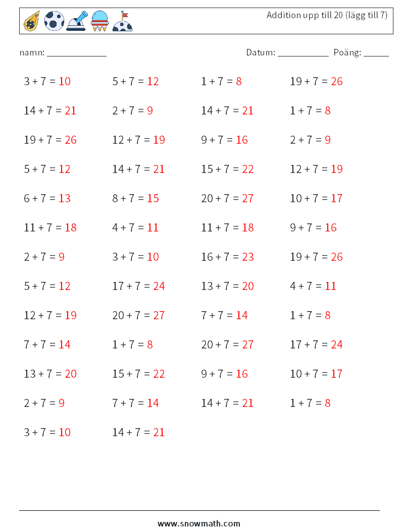 (50) Addition upp till 20 (lägg till 7) Matematiska arbetsblad 7 Fråga, svar
