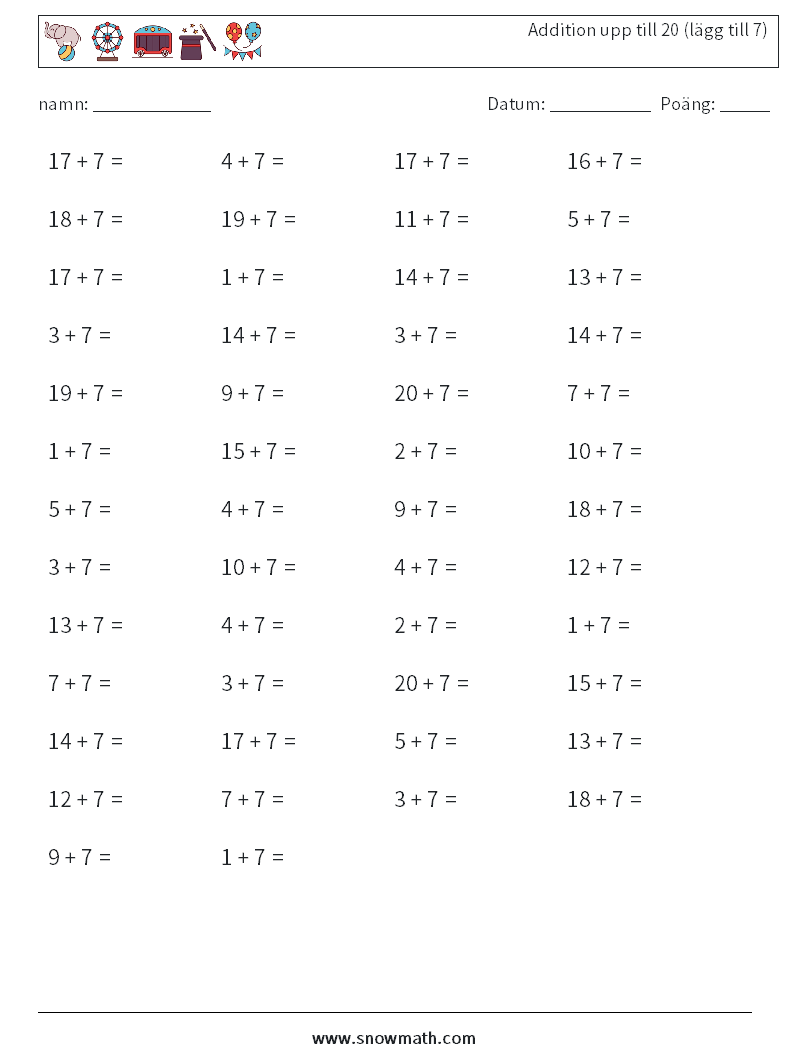 (50) Addition upp till 20 (lägg till 7) Matematiska arbetsblad 8