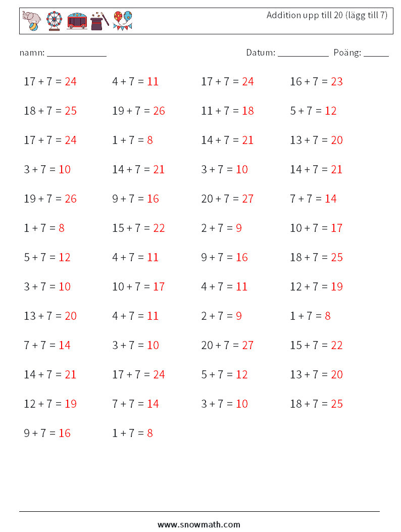 (50) Addition upp till 20 (lägg till 7) Matematiska arbetsblad 8 Fråga, svar