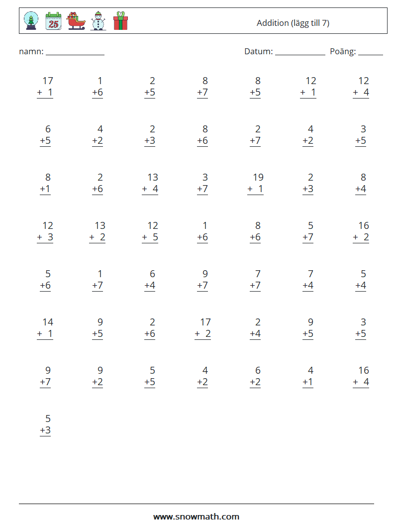 (50) Addition (lägg till 7) Matematiska arbetsblad 2